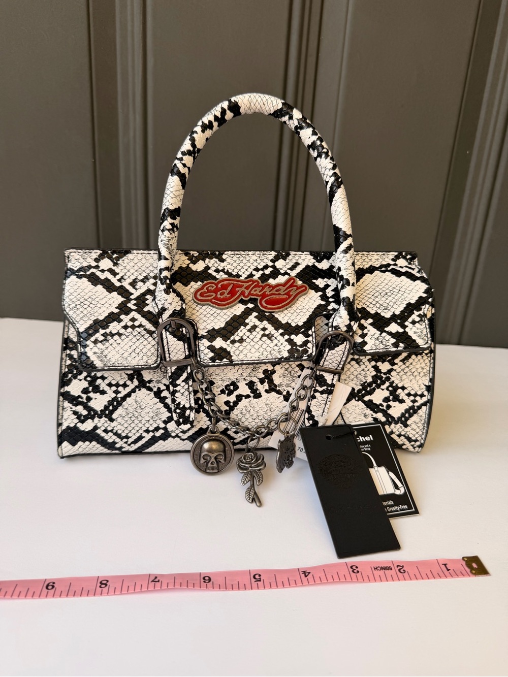 Ed Hardy White & Black Snake-Print Satchel withCharm Accents crossbody & handbag